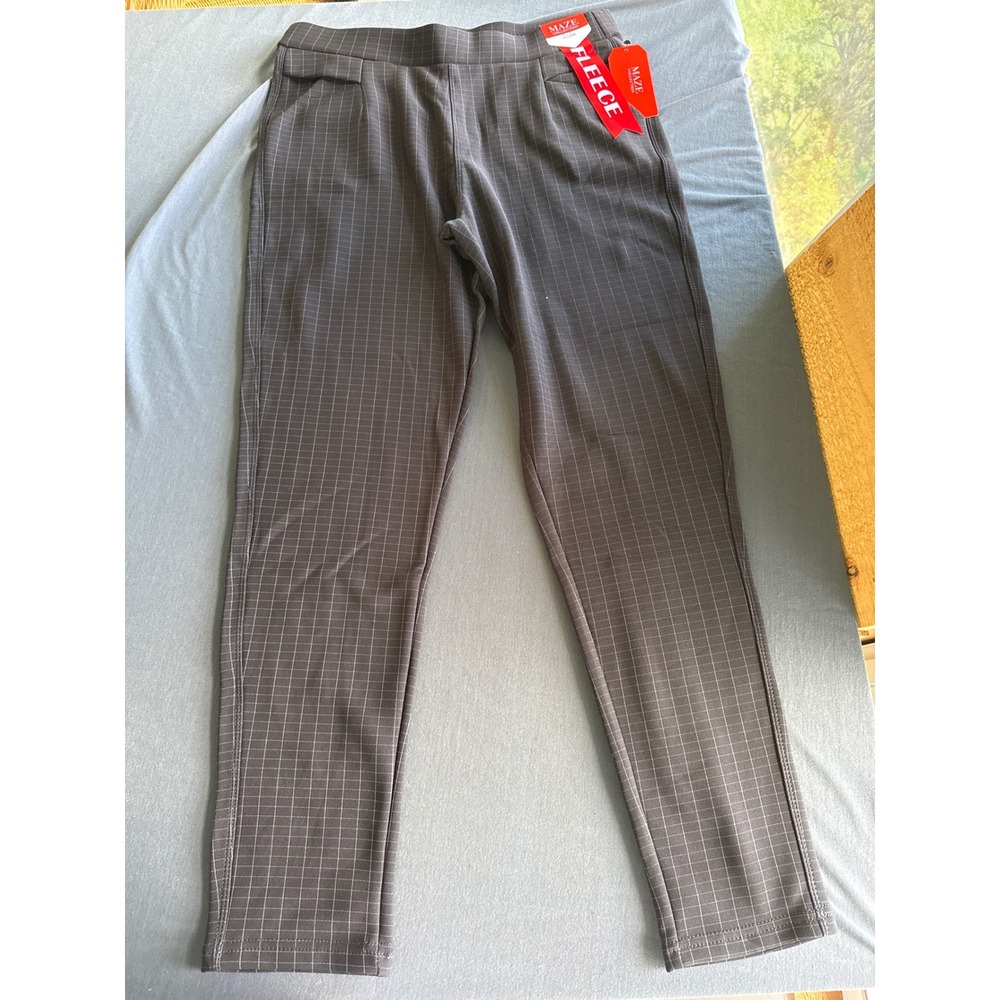 Maze Collection Scuba Fleece Lined Plaid Pants Grey Windowpane Pull On Large